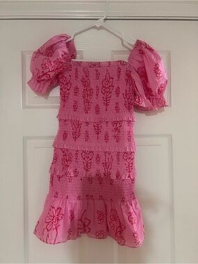 Pink Smocked Tiered Dress with Puff Sleeves for Girls